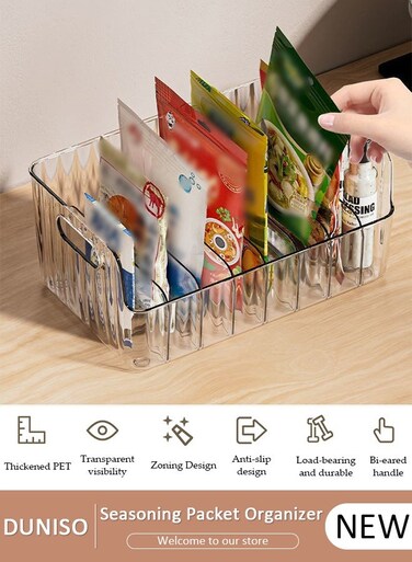 Seasoning Packet Organizer with 5 Removable Dividers, Drink Packet Organizer Condiment Storage Caddy for Kitchen Pantry Cabinet Countertop Holds Spice Hot Chocolate Sauce Organization
