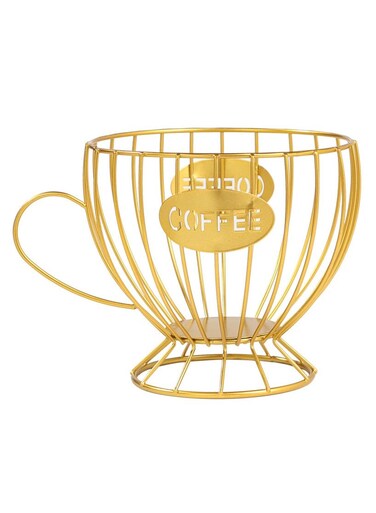 Coffee Pod Organizer Holder, Capsule Storage Basket, Espresso Cup Shape, Durable Iron Art for Kitchen Countertop Decor, Home Office, Gold, 20x15x14cm