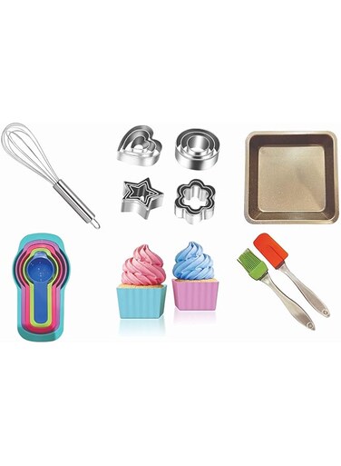 Set of 6 Baking Accessories set with Baking Tray - Stainless Steel Whisk and Cookies Cutter - Measuring Cups - Silicon Cupcake Mould with Brush and Baking Spatula Prefect addition to your Kitchen