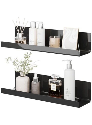 LOFTPLUS Wall Shelf, No Drilling, Floating Shelf, Set of 2, Black Acrylic Wall Shelf for Books and Photos, Home Decoration, Wall Shelf for Kitchen, Bathroom, Office, Living Room (32 x 10 x 8 cm)