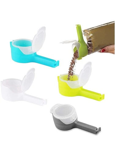 Lomeshow Food Clip Set with Pour Spout, 4PCS Chip Bag Clips, Durable Plastic Clips for Food Storage, Seal and Pour Bag Clip for Food with Spout for Food