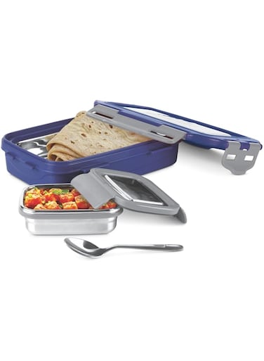Milton Steely Super Deluxe Insulated Inner Stainless Steel Big Tiffin Box, 500 ml, with Inner Stainless Steel Container, 175 ml and Spoon, Assorted colors