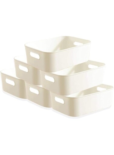 HuanShiJingXuan Plastic Storage Bins, Set of 6 Storage Bin Storage Basket Desk Cabinet Organizer, Multi-Use Organizer Bins, Built-In Handle, BPA-Free, Pantry Organization, White