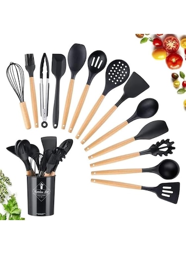JD UNIQUE EXPRESS for 12 Pcs Silicone Cooking Utensil Kitchen Set,spatula &amp; spoon Set with Wood Handles for Nonstick Cookware Set, Great Kitchen Tools,kitchen gadgets