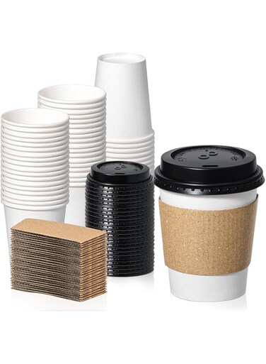 Fit Meal Prep 50 Pack 8 oz Disposable Coffee Cups with Lids, Sleeves and Stirrers, Leak-Proof To Go Coffee Cups with Lids, Durable Paper Cups for Hot Beverage, Home, Office, Party