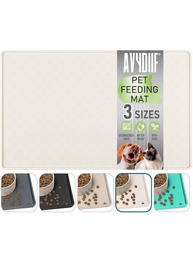 AVYDIIF Silicone Dog Cat Food Mat, Waterproof Slip Resistant Raised Edge Pet Feeding Mats, Pet Bowl Mat with High Lip, Anti-Messy and Prevent Spill on Floor, Dishwasher Safe(24" X 16", Cream)