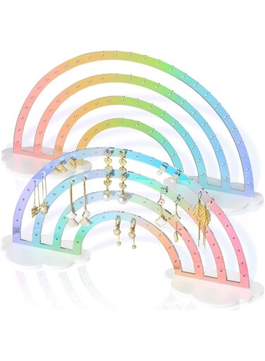 SYOSI Iridescent Acrylic Earring Organizer with 74 Holes - Double-Sided Jewelry Display Stand for Studs, Dangles, and Hoops - Stylish Rainbow Finish for Ear Studs Storage