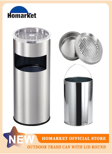 Outdoor Trash Can with Lid Round, Stainless Steel Garbage Can Waste Bin with Removable Inner Barrel Dome for Indoor,Home,Office,Restaurant,Patio,Garden,Kitchen(Sliver)