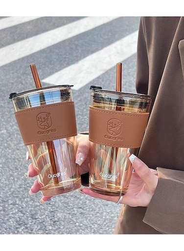 Glass Coffee Tumbler with Straw and Lid Sealed Carry on, Glass Iced Coffee Cup, Leak-Proof Glass Tumbler Cup, Reusable Smoothie Mugs for Cold &amp; Hot Drinks, Coffee, Tea, Shake (Yellow)