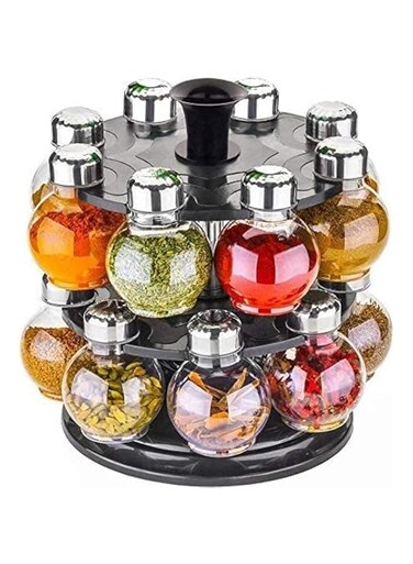 Spice Rack Round 16 Piece Set 2 Tier Rotating Spice Rack for 16 Spice Jars with Lids, Spice Storage Organiser for Kitchen Countertop, Send Salt Pepper Grinders