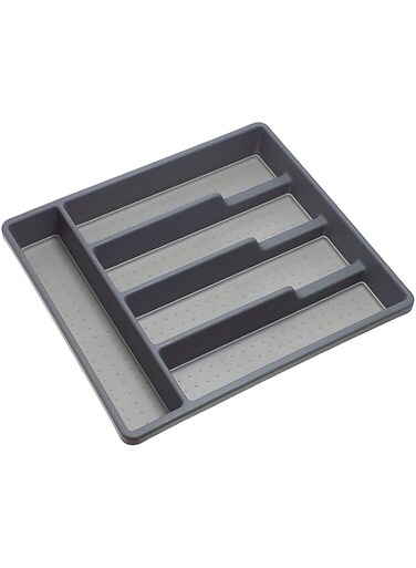 Cutlery Divider &amp; Multi-purpose Draw Organiser Plastic, Cutlery Tray, Utensil Drawer, Drawer Storage, Draw Utensil Rack (5 Compartments) - Grey