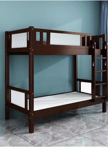 Galaxy Design Heavy Duty Wooden Bunk Bed With Solid Wooden Bedframe With Two Medical Mattress, Full-Length Guardrail Color (WALNUT-WHITE)