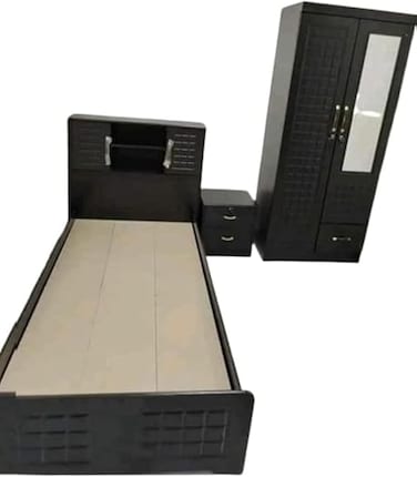 Galaxy Design Single Bed With Medical Mattress -190 x 90 CM, Side Table And Two Door Wardrobe Dark Brown Color, Bedroom Set