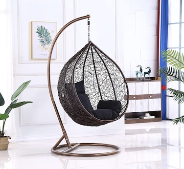 Galaxy Design Indoor Outdoor Patio Wicker Hanging Chair Swing Egg Basket Chairs with Stand UV Resistant Cushions 120kg Capacity for Patio Backyard Balcony - Random Color Cushions (Brown)