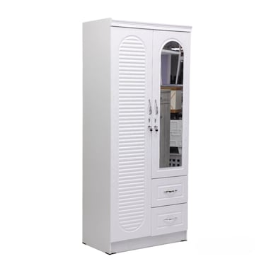 Galaxy Design 2 Door Wooden Wardrobe With Front Mirror 1 Drawers   Two Door Wooden Wardrobe   Stylish and Functional &amp; Hanging Rod GDF-MH8831 L80xW45xH185cm (White)