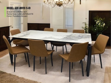 Galaxy Design Modern Marble 1+8 - Brown Dinning table with steel legs and Pvc Leather 8 chairs set and 1 table with marble top and leg stainless steel