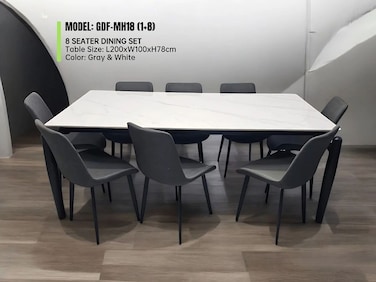 Galaxy Design Modern Marble 1+8 - Grey &amp; White Dinning table with steel legs and Pvc Leather 8 chairs set and 1 table with marble top and leg stainless steel