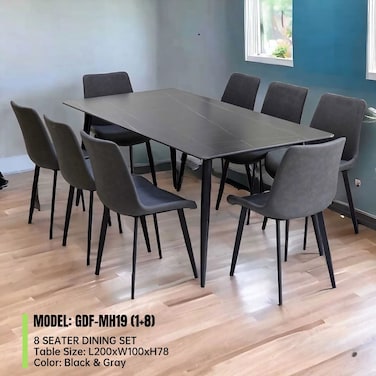 Galaxy Design Modern Marble 1+8 - Grey &amp; Black Dinning table with steel legs and Pvc Leather 8 chairs set and 1 table with marble top and leg stainless steel