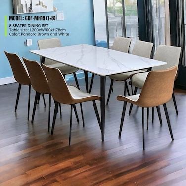 Galaxy Design Modern Marble 1+8 - Brown &amp; White Dinning table with steel legs and Pvc Leather 8 chairs set and 1 table with marble top and leg stainless steel