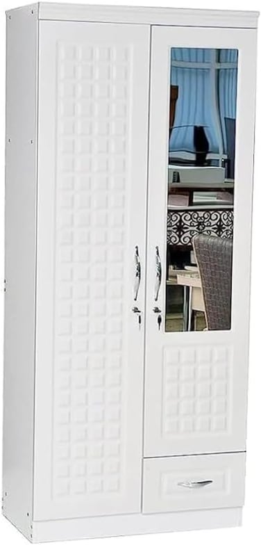 Galaxy Design 2 Door Wooden Wardrobe With Mirror with One Lockable Drawer 40W x 80L x 185H (White)