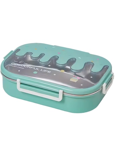 Twisoo Creative 2 Compartment Stainless Steel Lunch Box BPA Free Leakproof Clip Lock Ideal for Ice Cream and Steel Food Container Kids School Lunch box (Green)