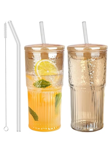 JunVpic Glass Cups with Lids and Straws, Amber 20 OZ Iced Water Glasses Tumblers for Ice Juice, Tea, Milk, Smoothie and Cold or Hot Drinks, Set of 2
