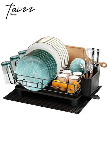 1-Tier Stainless Steel Dish Drying Rack with Utensil Holder, Large Kitchen Dish Drainer with Drainboard System and Dryer Mat 15.9x11.8x6Inch - Black