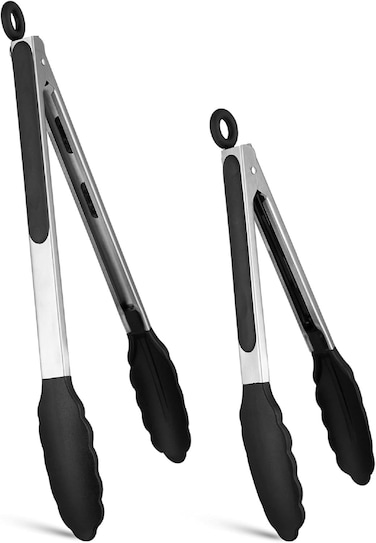 Silicone Non-SlipTongs for Cooking, Table Tongs for Kitchen Salad, Pasta, Grilling, BBQ, Heat Resistant Tip, Strong Grip for Meat, Black