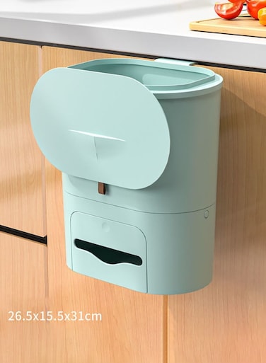 Moments Modern Kitchen Hanging Trash Can with Lid Compost Bin with Inner Bucket for Countertop Under Sink Food Waste Bin Cupboard Bathroom Bedroom Office Camping 10 Litre Light Green 26.5x15.5x31cm