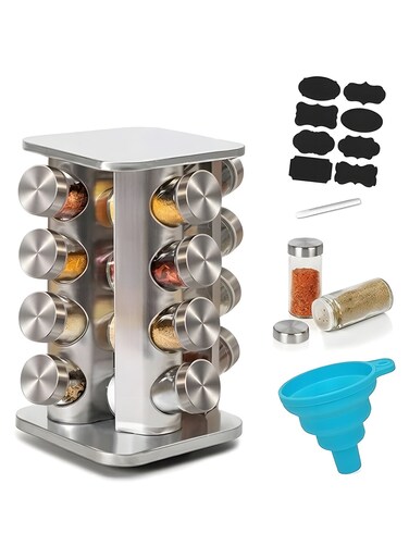 Multifunctional Stainless Steel Rotating Spice Rack Set - 16-Jar Spice Bottle Organizer with sticker Labels, Silicone Folding Funnel, and Pen - Durable Kitchen Storage Solution for Seasonings