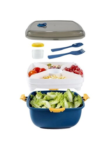 NALACAL Lunch Box, Double Layer Salad Bento Box with Cutlery and Sauce Container, Salad Bowl with 5 Compartment Bento Style Tray 40 oz Leak Proof Lunch Box for Food Snack Salad Home Office Blue