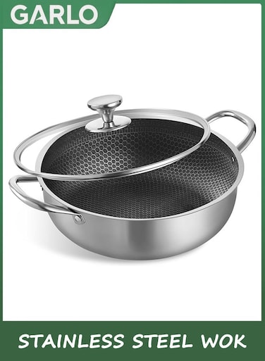 Stainless Steel Saute Pan, Cookware with Lid, 30CM Deep Frying Pan, Nonstick Cooking Pot with Handles, Large Kadai Skillet, Wok Pan Compatible with All Cooktops, Dishwasher Safe