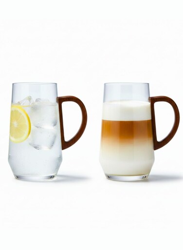 Set of 2- 400ML Borosilicate Crystal Glass Mugs with Walnut Handle, Elegant &amp; Durable Glassware for Home &amp; Kitchen