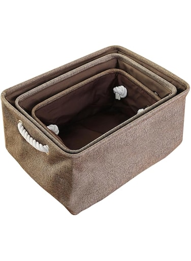 ECVV 3PCS Collapsible Rectangular Storage Basket with Handles, Storage Bins Organizer Shelf Basket for Organizing Shelves, Closets, Clothes, and Toy (Brown)