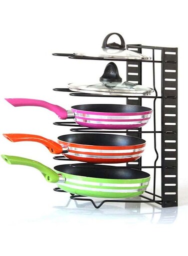 Pot Organizer Rack 5-Tier Adjustable Cookware Bakeware Holder Pot Frying Pan Lid Storage Rack Organizer Stand Holder for Kitchen Cabinet Countertop and Pantry Black 38.5 x 21 x 4.3cm