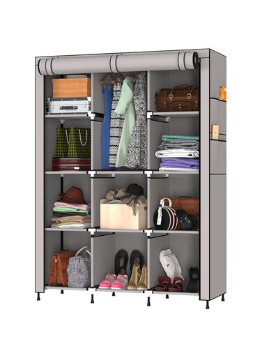 MY ARMOR 3-Door Foldable Wardrobe for Clothes, Mutifunctional Storage Rack Cabinet Fabric Almirah, Collapsible Wardrobe Organizer Cupboard, Grey, 10 Shelfes &amp; 1 Hanger Cabinet Design