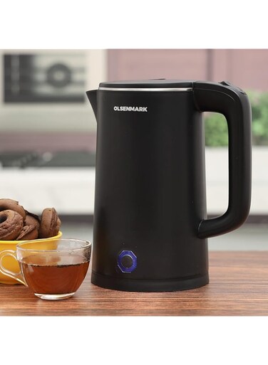 Olsenmark Electric Kettle, Stainless Steel Seamless Inner, Omk2475 1.8L Double Wall Kettle Cool Touch Body Auto-Shut Off, Boil Dry Protection 360 Rotational Base Power Indicator, Black