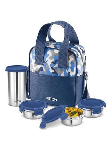 MILTON Camo Feast Stainless Steel Tiffin (3 Click Lock Round Containers, 300 ml Each; 1 Tumbler, 400 ml) with Insulated Jacket, Assorted Colors  Light Weight   Leak Proof   Easy to Carry   Food Grade