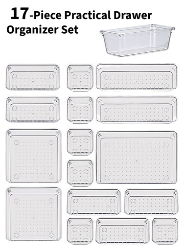 17-Piece Clear Drawer Organizer Set (6 Sizes), Stackable Plastic Storage Trays for Kitchen Utensils, Bathroom, Vanity &amp; Office