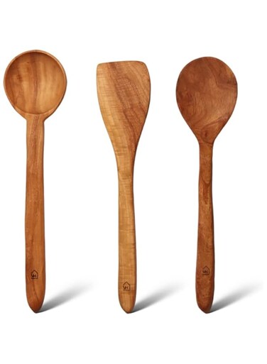 Vesta Homes Neem Wood Spoon/Compact Flip/Spatula/Ladle for Cooking Dosa/Roti/Chapati   Kitchen Tools   No Harmful Polish   Naturally Non-Stick   Handmade   Height- 12 inch (Set of 3)