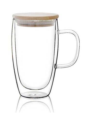 450ML Borosilicate Glass Tea Coffee Mug With Handle and Bamboo Lid Clear 450ml