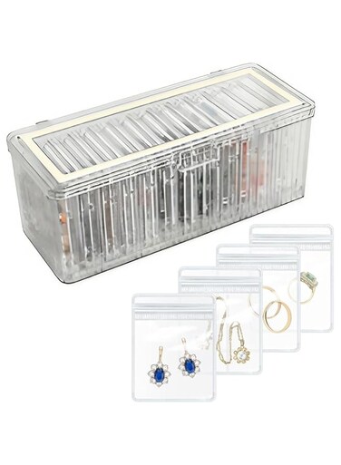 NAWOKEENY Acrylic Jewelry Organizer, Clear Jewelry Organizer with 50 Portable Anti Tarnish Jewelry Bag, Dustproof Transparent Jewelry Organizer Holder for Earrings Rings Necklaces