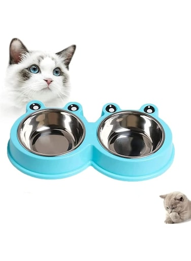 Mumoo Bear Frog Shape Stainless Steel Pet Dog Cat Double Bowl Feeder Set for Small Medium Dog/cat Food, Blue,Pack of 1