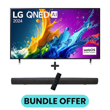75 Inch QNED80 4K Smart TV with HDR10 Pro, 60Hz, 4K Upscaling, &alpha;5 AI Processor, webOS 24, and 2.0 Channel 600W Soundbar, Bluetooth, USB, FM Radio, 75QNED80T6B+SOUNDBAR