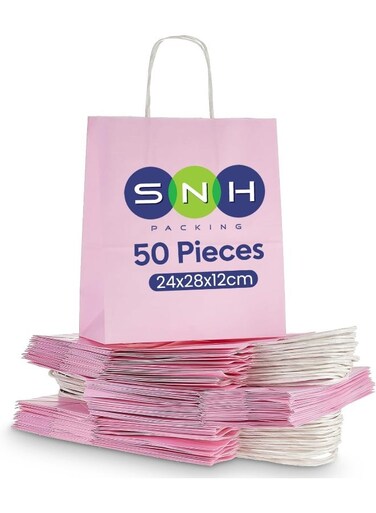 Packing 50 Pieces Pink Kraft Paper Party Bag with Twisted Handle 24 cm x 28 cm x 12 cm Size by SNH Packing