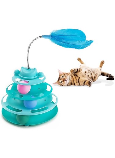 BOROLA 4-Level Interactive Cat Toys, Cat Tower Track with 3 Balls &amp; Springs Feather, Self-Amusement Toy Kit for Cats, Multi-Way Play for Indoor Cats &amp; Kittens(Blue)