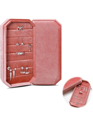 Azonee Portable Jewelry Box Organizer, Velvet Multifunction Travel Jewelry Holder for Earrings, Rings, Necklaces - Greatt Gift for Women and Girls (Pink)