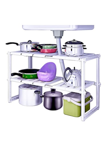 Under Sink Organizer:2 Tiers,Expandable,Adjustable Shelf Organizer, Bathroom Kitchen Shelf Rack for Pots,Pans,Cleaner,Stainless Steel Cabinet Organizer...