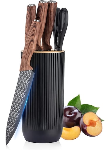 Care Kitchen Knife Set, 6-Pieces Black Sharp Knife Set for Kitchen, Non-stick Non-slip Stainless Steel Chef Knife Set with Universal Knife Block Suitable for Home Restaurant(Wood Grain)
