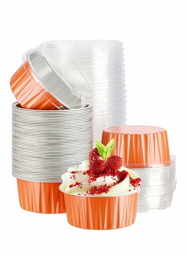 Cheesecake Container 50 Pcs 5 Oz Aluminum Foil Baking Cups Muffin Liners Disposable Foil Ramekins Dessert Containers Cupcake Baking Cups with Lids Aluminum Foil Cupcake Holders